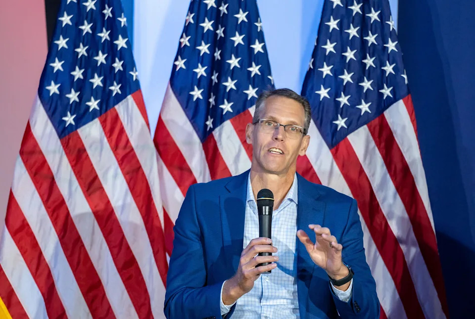 Rep. Randy Feenstra, R-Iowa speaks during a Republican Party of Iowa dinner in Fort Dodge, Tuesday, April 11, 2023.