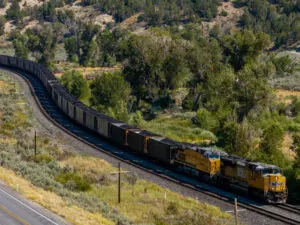 A Union Pacific train transports coal through Spanish Fork Canyon in Utah County, Utah. on Wednesday, July 31, 2024. President Donald Trump signed an order on April 8, 2025, aimed at boosting coal production. (Photo by Spenser Heaps/Utah News Dispatch)