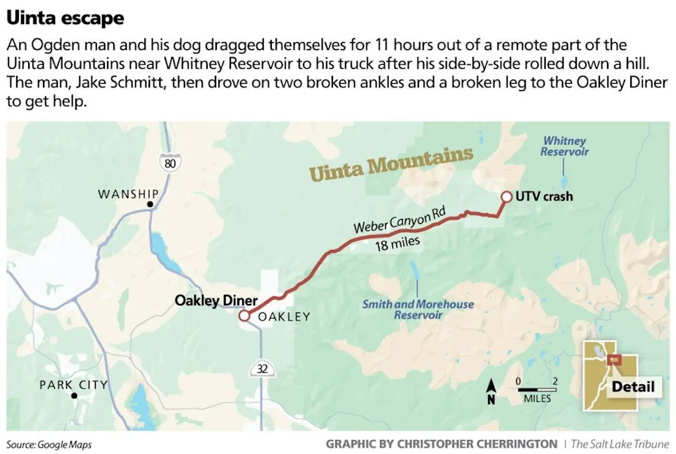 Map demonstrating the distance between the UTV crash site and Oakley Diner. - Christopher Cherrington // The Salt Lake Tribune