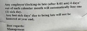Notice about sick day policy changes due to system abuse, detailing the non-payment for certain sick days and loss of any unused days at year's end. Signed by management
