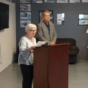 McCook Mayor Linda Taylor speaks during a press conference with Nebraska Gov. Jim Pillen at McCook’s Ben Nelson Regional Airport on Tuesday. (Brigham Larington/McCook Gazette)