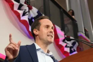 Sen. Schuyler VanValkenburg, D-Henrico speaks at a campaign rally for Democratic governor candidate Abigail Spanberger on June 16, 2025. (Photo by Charlotte Rene Woods / Virginia Mercury)