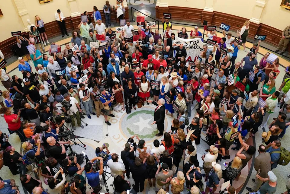 U.S. Rep. Lloyd Doggett, D-Austin, speaks to anti-redistricting protesters in the Capitol Rotunda during the Texas House special committee hearing on redistricting August 1, 2025.