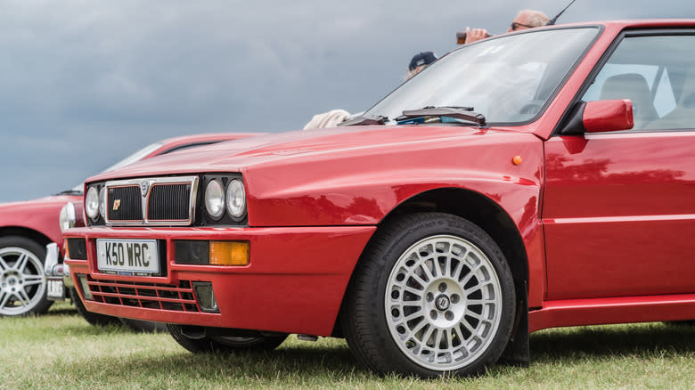 Tarporley, Cheshire, England, July 27th 2025. A close-up of a red Lancia Delta Integrale Evo at the Tarporley Classic Car Auction.