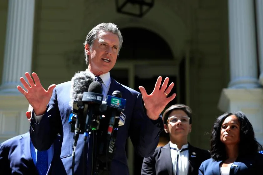 SACRAMENTO, CALIFORNIA - JULY 25: California Gov. Gavin Newsom speaks during a news conference with Texas lawmakers at the Governor's Mansion on July 25, 2025 in Sacramento, California. California Gov. Gavin Newsom met with Texas lawmakers to push back on Texas's redistricting maneuver that aims to tilt the outcome of the 2026 midterm elections and on how California plans to respond. (Photo by Justin Sullivan/Getty Images)