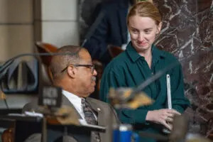 State Sens. Victor Rountree of Bellevue and Megan Hunt of Omaha. April 10, 2025. (Zach Wendling/Nebraska Examiner)