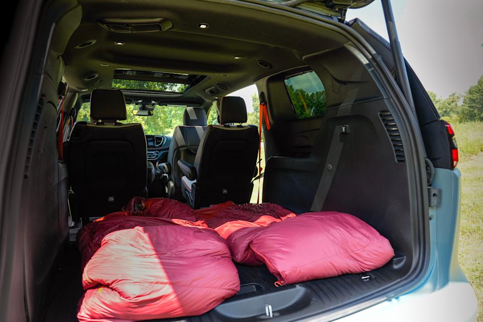 Maximizing the spacious interior of the Pacifica Grizzly Peak concept, third-row seats are replaced with a large cargo floor panel, ideal for tailoring the cabin for sleeping. Photo courtesy of Stellantis Inc.