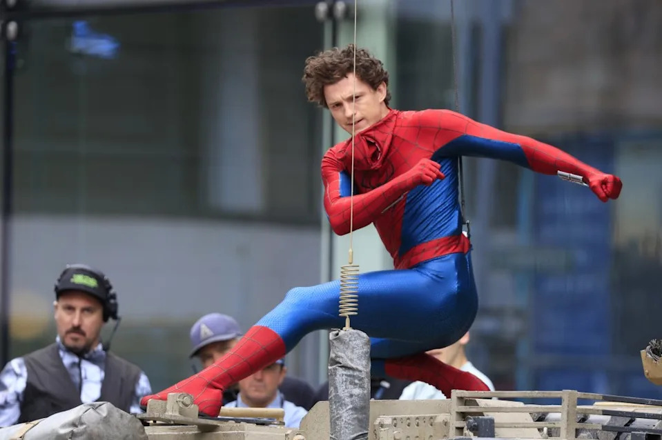 Holland’s new costume appears to include raised webbing, a reimagined and bigger spider emblem on the chest, and a practical web-shooter on his wrist. DMC / SplashNews.com