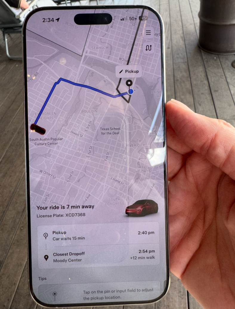 Our ride mapped out on the Tesla Robotaxi app