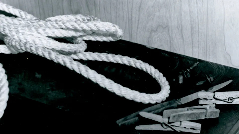 A black and white photo of rope and clothes pins.
