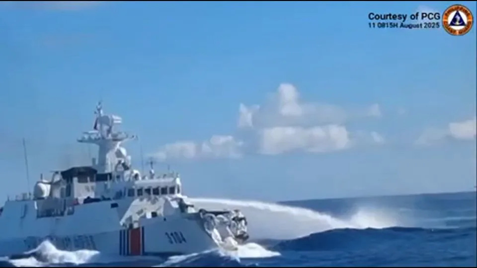 This screen grab shows the damage seen after a Chinese warship collided with one of its own coast guard vessels in South China Sea on August 11, 2025. - Philippine Coast Guard