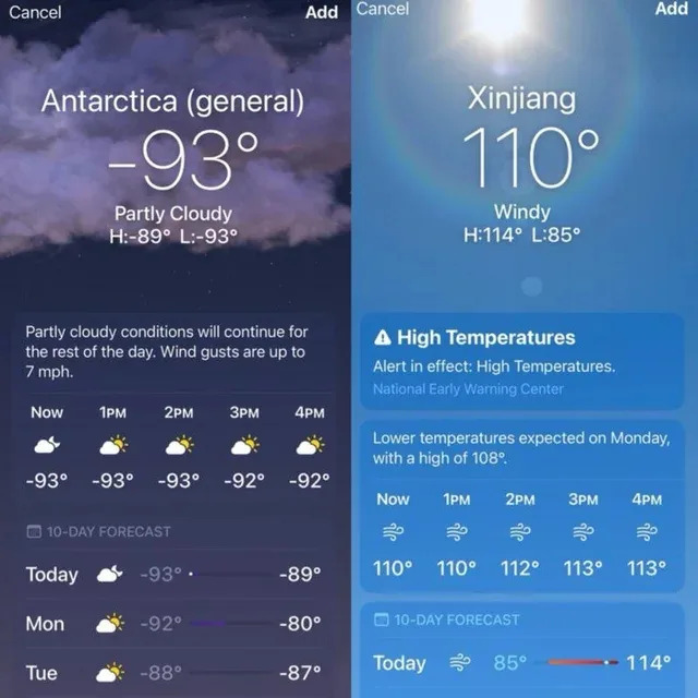 Weather update: Antarctica, -93°F, partly cloudy; Xinjiang, 110°F, windy. High temp alerts in Xinjiang, reaching up to 114°F