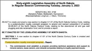  A bill introduced in 2023 established what it called the postproduction royalty oversight program. The program has since dropped the word “postproduction” from its name. (Obtained by North Dakota Monitor and ProPublica. Highlighted by ProPublica.)