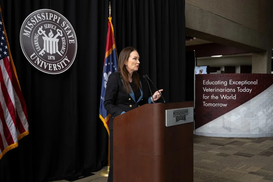 U.S. Secretary of Agriculture Brooke Rollins outlines strategies to combat the nationwide shortage of rural veterinarians, an issue with direct connections to food security, farm security and national security, she said, during her Aug. 28 visit to Mississippi State University. (Photo by Beth Wynn via MSU)