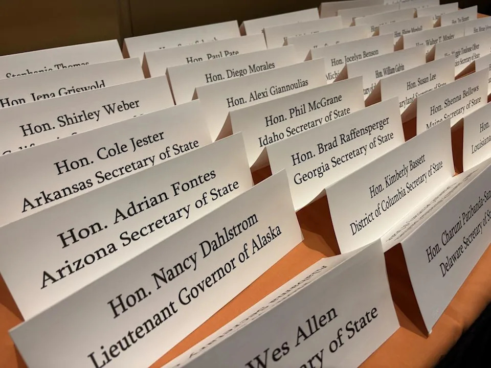Nameplates at the National Association of Secretaries of State conference.
