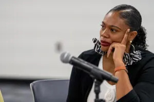  Omaha School Board member Shavonna Holman, a member of the School Financing Review Commission. Aug. 12, 2025. (Zach Wendling/Nebraska Examiner)