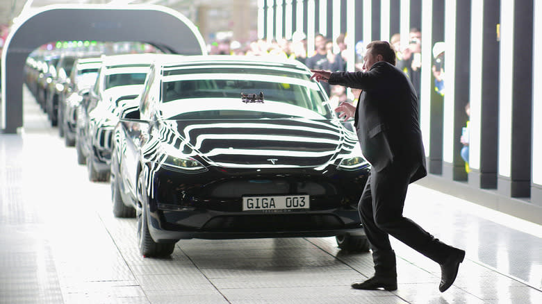 Tesla CEO Elon Musk attends the official opening of the new Tesla electric car manufacturing plant on March 22, 2022 near Gruenheide, Germany.