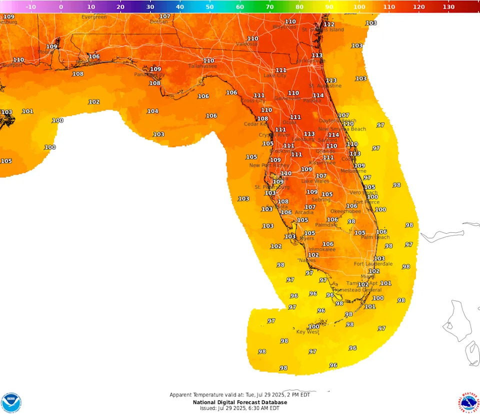 Expected heat index at 2 p.m. July 29, 2025, in Florida.