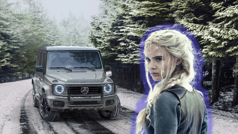 Ciri standing next to a Mercedes G-Wagon