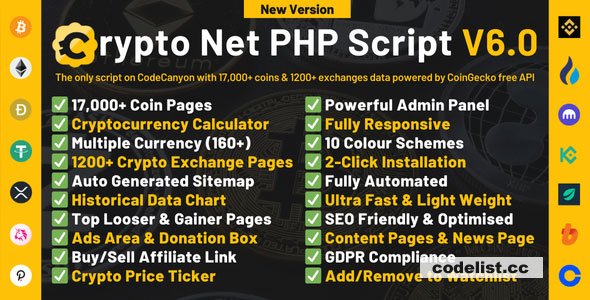 Crypto Net v6.1 - CoinMarketCap, Prices, Chart, Exchanges, Crypto Tracker, Calculator & Ticker PHP Script