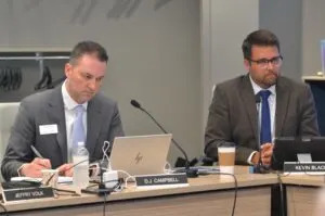 D.J. Campbell, left, was named vice chair of the North Dakota State Board of Higher Education and Kevin Black was named chair at a board meeting in Bismarck on May 29, 2025. (Jeff Beach/North Dakota Monitor)