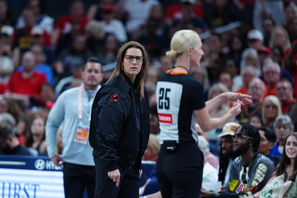 INDIANAPOLIS, IN - JULY 24: Indiana Fever coach Stephanie White is called for a technical foul during a game against the Las Vegas Aces on July 24, 2025, at Gainbridge Fieldhouse in Indianapolis, Indiana. (Photo by Brian Spurlock/Icon Sportswire via Getty Images)