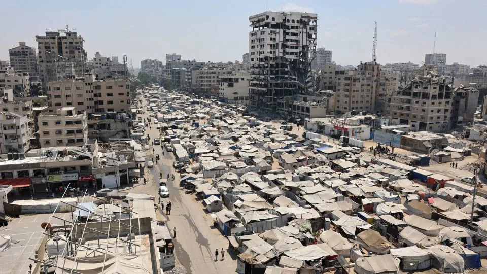 A picture taken on August 18, 2025, shows tents housing displaced Palestinians in Gaza City. - Omar al-Qattaa/AFP/Getty Images