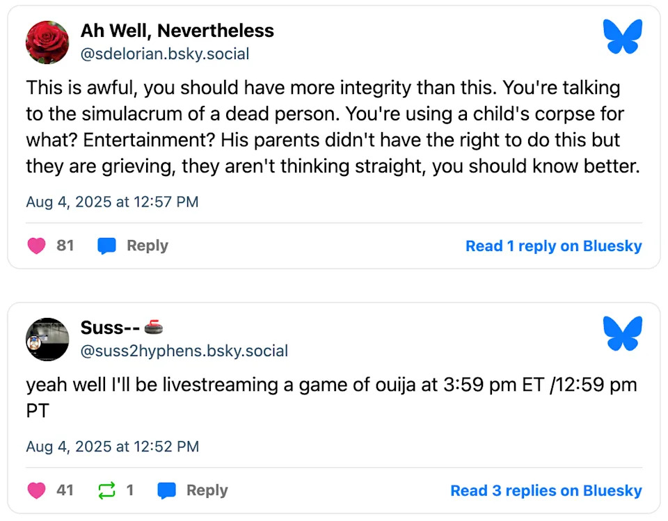 Social media exchange: One user criticizes another for entertaining with a child's story, while the second user plans a livestreamed Ouija game