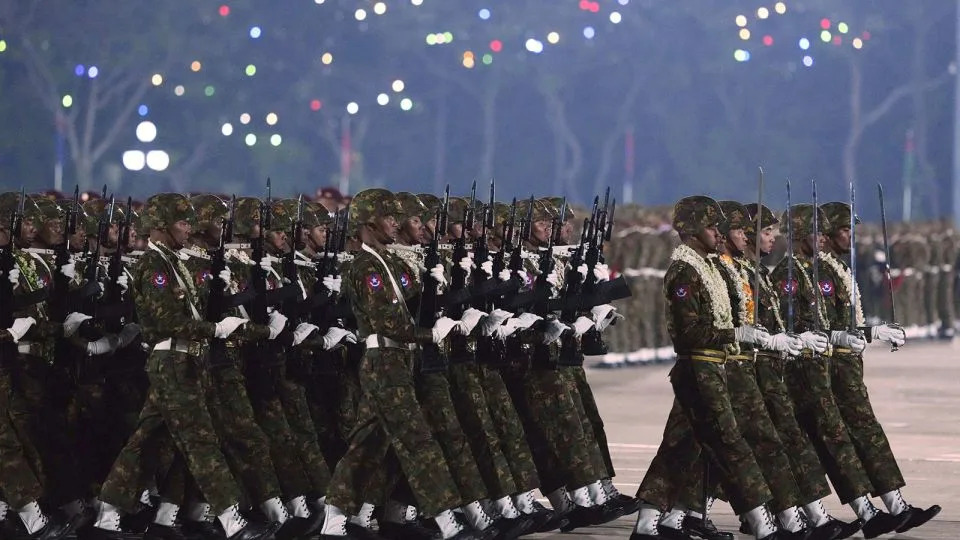 Military officers march during a parade to commemorate Myanmar's 80th Armed Forces Day in Naypyidaw, Myanmar, on March 27, 2025. - Aung Shine Oo/AP