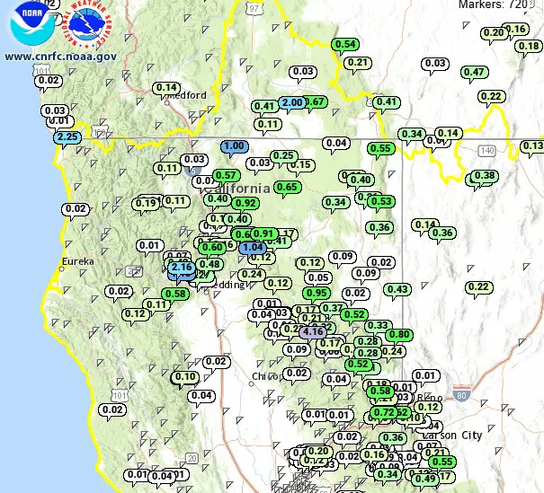 Rain totals across Northern California in the past 72 hours. (National Weather Service)