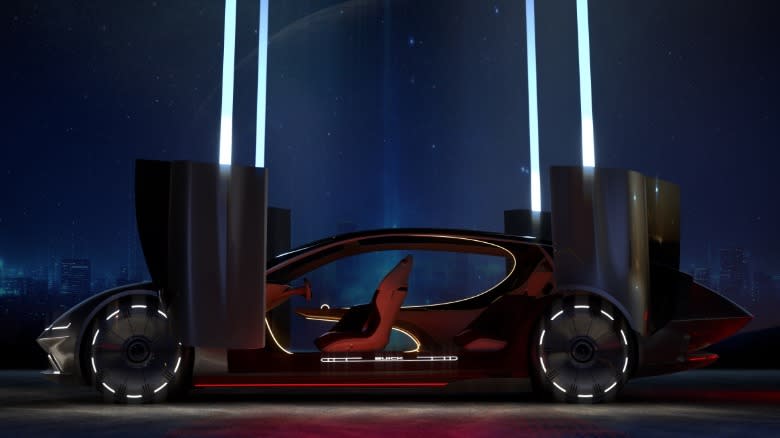 Side view of the Buick Electra Orbit concept with the doors open
