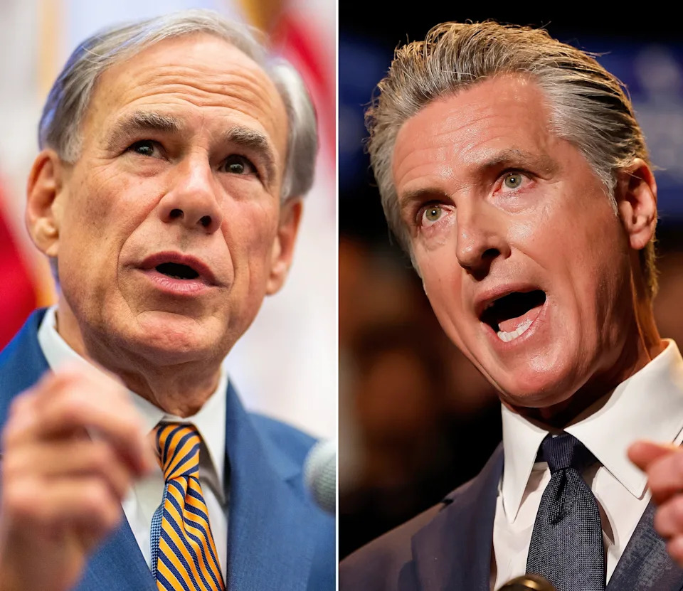 Getty Images - PHOTO: Texas Gov. Greg Abbott, August 15, 2025 in Austin, Texas and California Governor Gavin Newsom, August 14, 2025 in Los Angeles.
