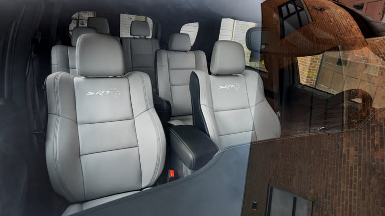 A look through the windshield of the Durango Hellcat Jailbreak showing its gray seats
