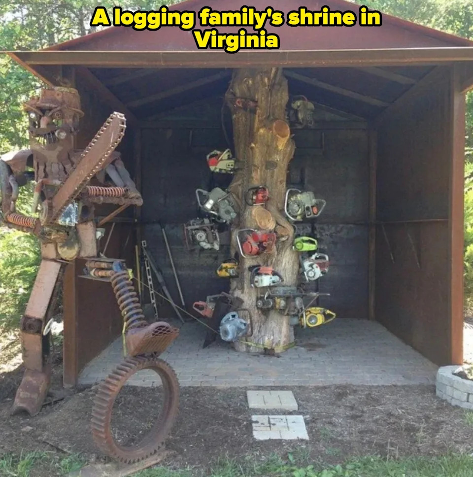 A rustic shed displays numerous chainsaws attached to a tree trunk; a metal human-like sculpture stands nearby, holding a saw. Caption: "a logging family's shrine in Virginia"