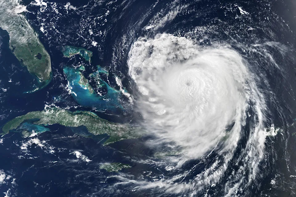 A satellite view of a hurricane near Cuba and Florida