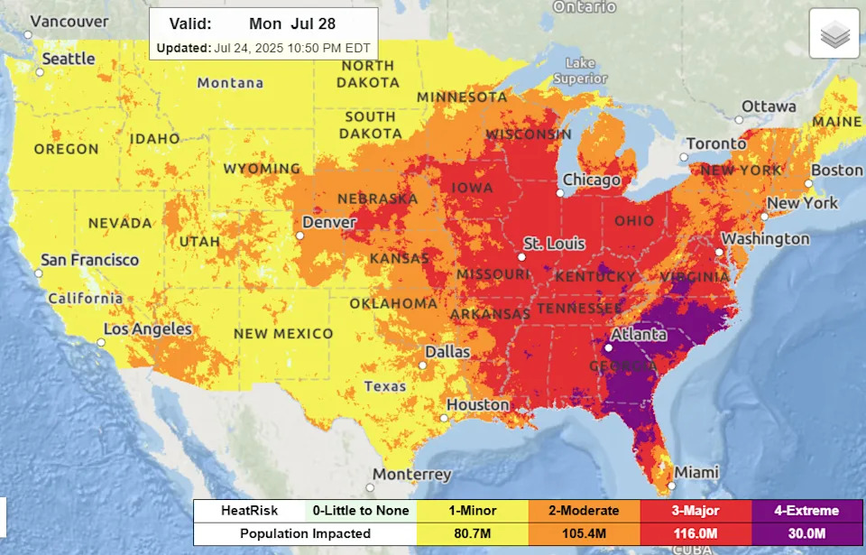 This National Oceanic and Atmospheric Administration graphic illustrates its heat risk forecast for July 28, 2025.