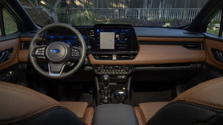 a look at the 2026 Outback's new dashboard in brown leather