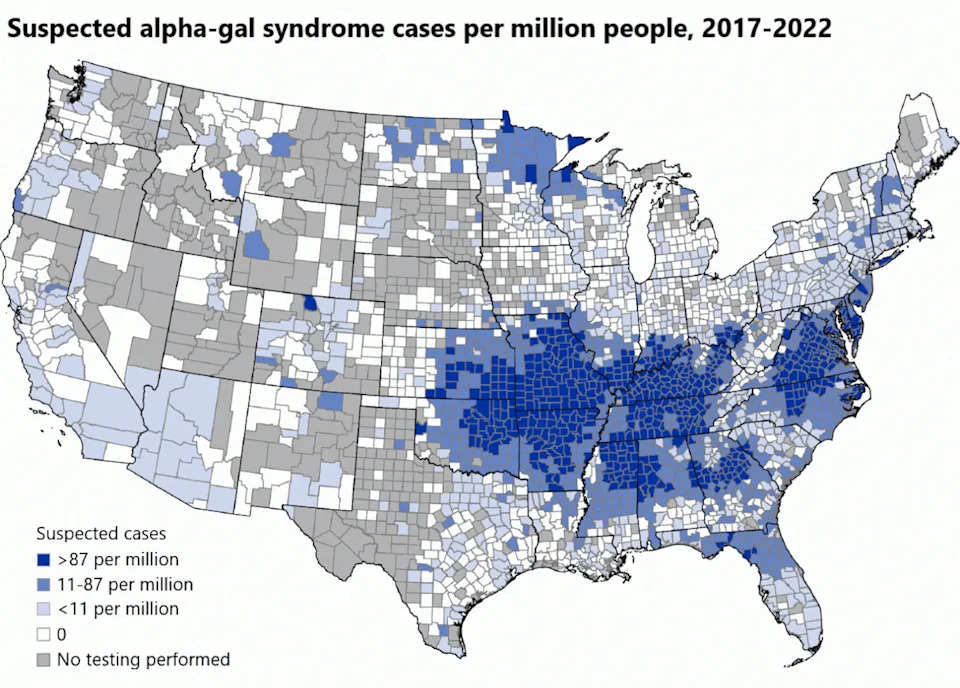 A map shows the numbers of confirmed alpha-gal syndrome cases in a band from Oklahoma and Nebraska to Virginia and the Carolinas. There is also a collection in northern Minnesota and Wisconsin, and another in Florida.