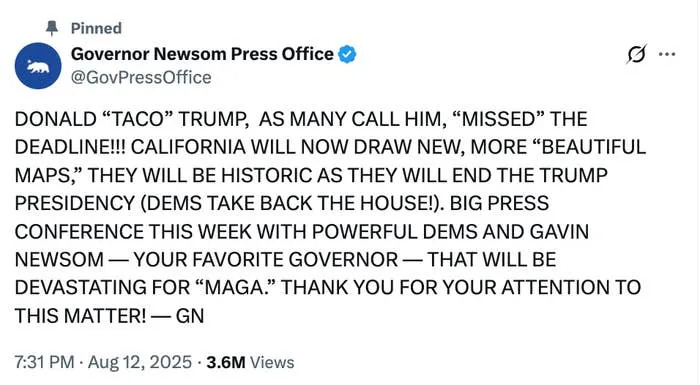 Tweet from Governor Newsom Press Office announcing California's plan to end Trump's presidency with upcoming press conference with powerful dems