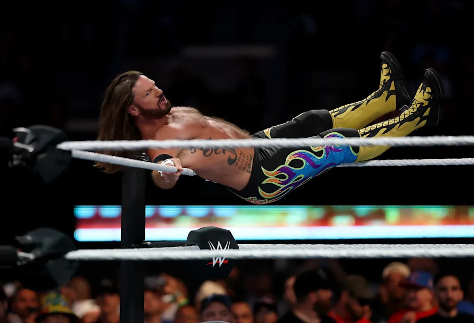 EAST RUTHERFORD, NEW JERSEY - AUGUST 03: AJ Styles reacts as he battles Dominik Mysterio in the WWE Intercontinental Championship during the WWE 2025 SummerSlam at MetLife Stadium on August 03, 2025 in East Rutherford, New Jersey. (Photo by Elsa/Getty Images)