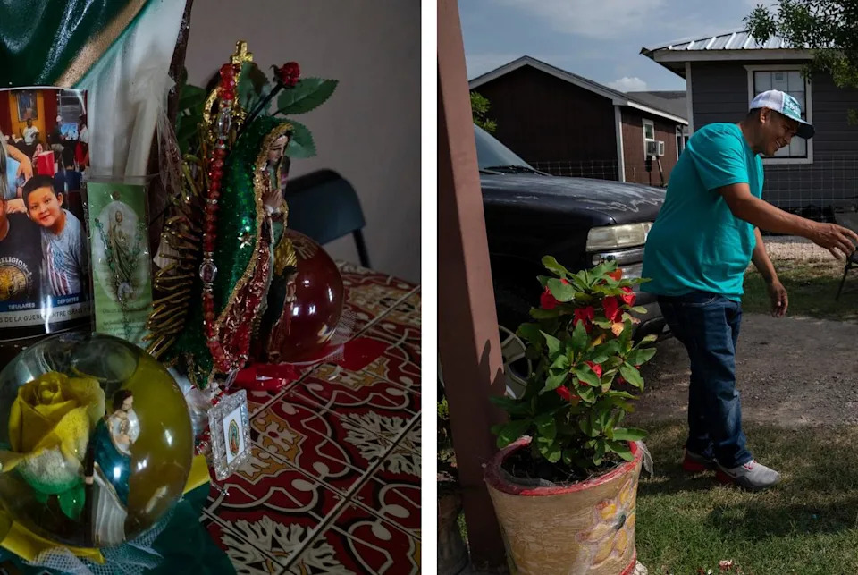 Left: A photo of Jaime and his family, including a U.S. Customs and Border Protection agent cap placed by Jaime after his son's former high school teacher, now a border patrol agent, gifted him his after hearing what had happened to Jaime. Right: Jaime plays with his 3-year-old grandson, Jaime Galvan III, at their home.