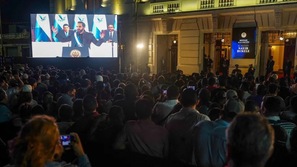 Supporters of Nayib Bukele watch a video feed as he delivers a State of the Union address at the National Palace in San Salvador, El Salvador, on June . - Camilo Freedman/Bloomberg/Getty Images