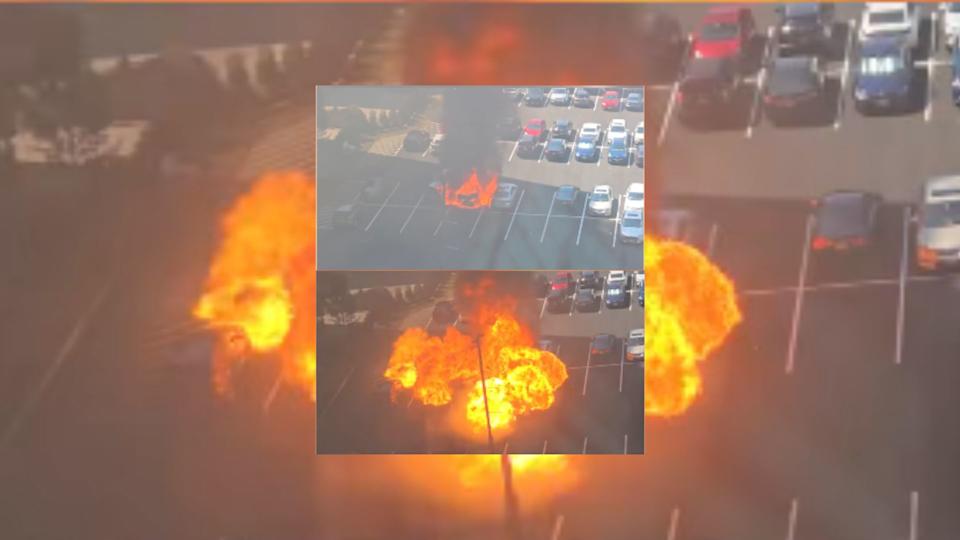 Ruptured Fuel Tank Turns Car Into A Fireball