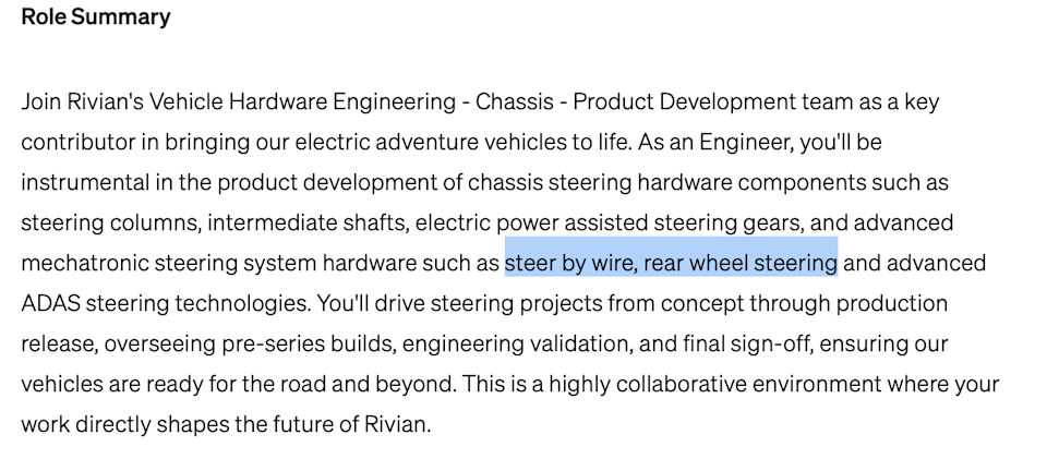 Rivian Sr. Mechanical Design & Release Engineer, Steering job listing