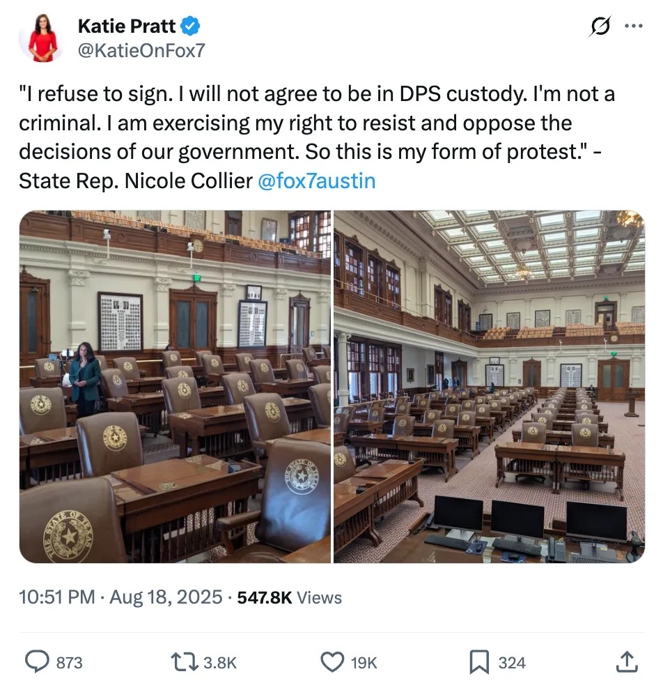 Tweet by Katie Pratt quoting State Rep. Nicole Collier: refusing to sign, protesting government decisions, image of empty legislative chamber