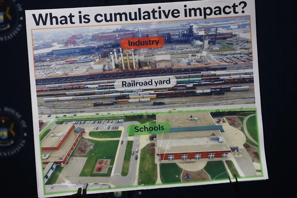  A graphic showcasing an example of cumulative impacts of pollution accompanied speakers discussing legislation in Michigan requiring state regulators to consider these impacts when issuing environmental permits. July 29, 2025 | Photo by Kyle Davidson/Michigan Advance