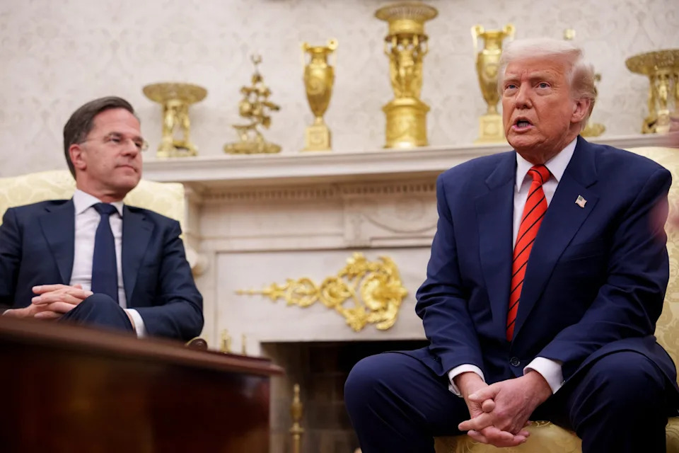 President Donald Trump speaks during a meeting with NATO Secretary General Mark Rutte (L) in the Oval Office of the White House on March 13, 2025 in Washington, DC.