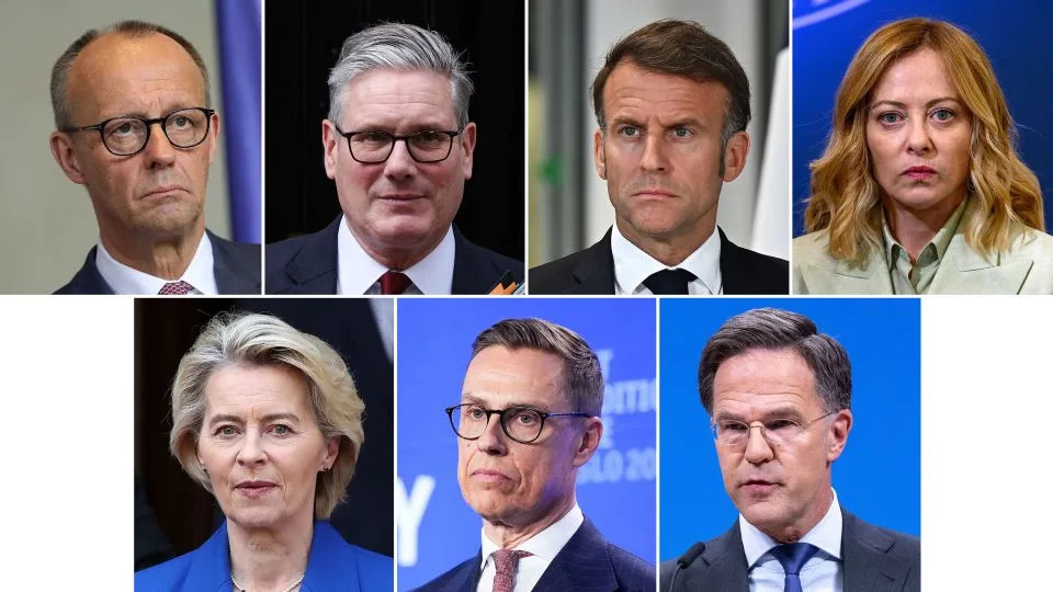 Top row from left: Germany Chancellor Friedrich Merz, British Prime Minister Keir Starmer, French President Emmanuel Macron and Italian Prime Minister Giorgia Meloni. Bottom row from left: European Commission President Ursula von der Leyen, Finnish President Alexander Stubb and NATO Secretary General Mark Rutte. - Getty Images/Reuters