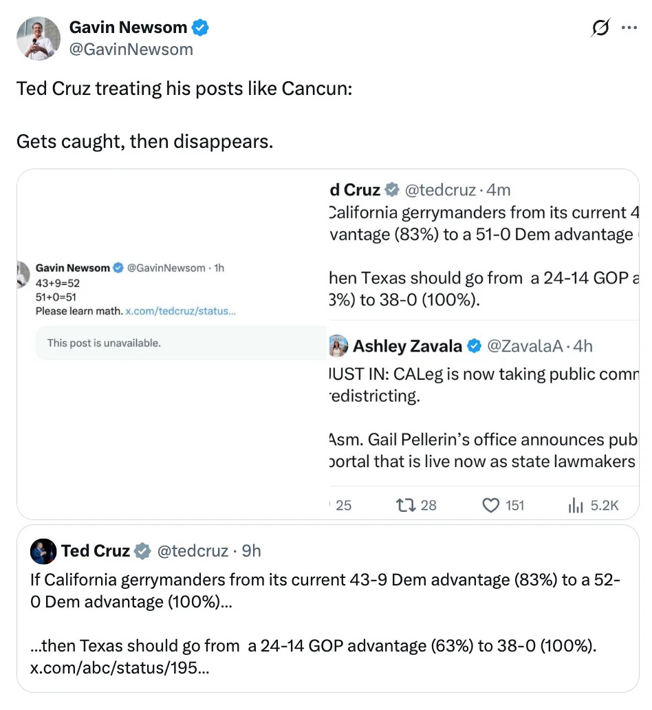 Screenshot of a Twitter exchange where Gavin Newsom comments on Ted Cruz's posts about partisan gerrymandering with a reference to Cancun