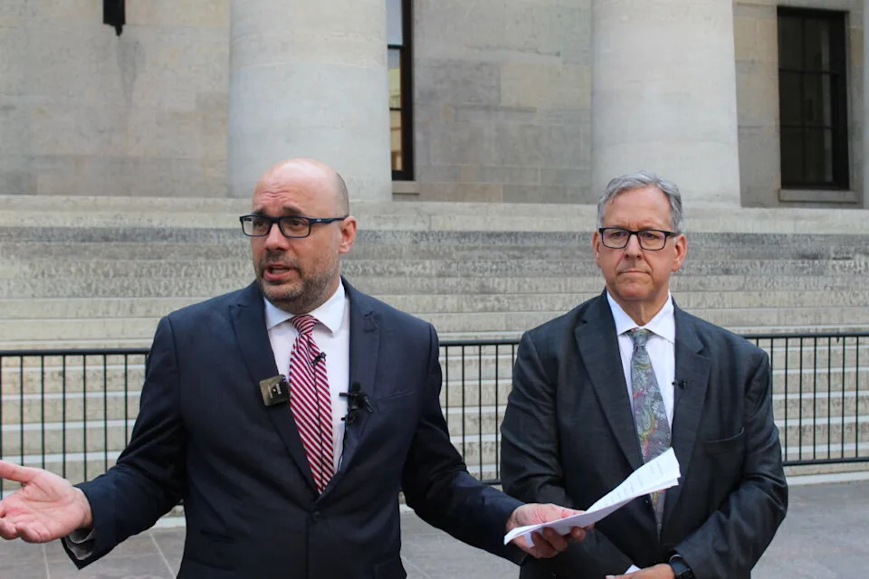  Attorney and Democratic former state Rep. Jeff Crossman, speaking, alongside former Democratic Attorney General Marc Dann. (Photo by Nick Evans, Ohio Capital Journal.)